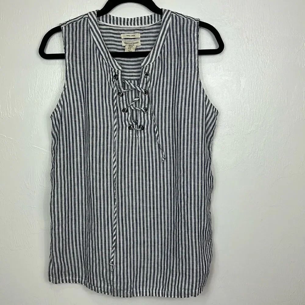 Christian Siriano Blue White Stripe Linen Sleeveless Blouse Top Size M
